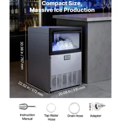 VEVOR Commercial Ice Maker Machine, 200 lbs/24h with 50 lbs Storage Capacity, Built-in/Freestanding/Under Counter, Stainless Steel Ice Maker with LED Display & Self-Cleaning, for Home Bar Restaurant