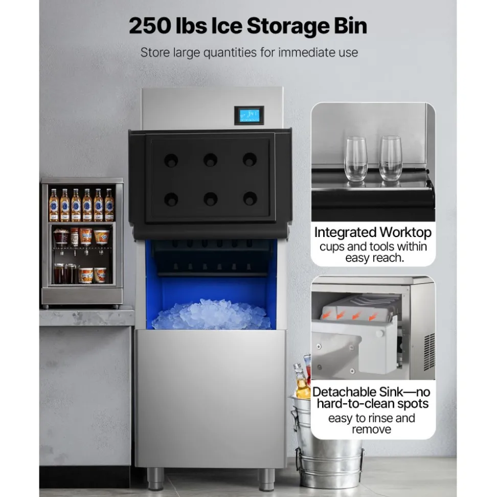 VEVOR Commercial Ice Maker Machine, 800LBS/24H Ice-Making Machine with 300LBS Stainless Steel Storage Bin, Auto Self-Cleaning Ice Maker with Touchscreen for Bar Cafe Restaurant Business Commercial