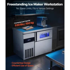 VEVOR Commercial Ice Maker Machine, 220 lbs/24H Stainless Steel Ice Machine with Worktop, 66 lbs Storage & 108 Cubes/Cycle, Self-Cleaning Freestanding Ice-Making for Home Bar Office Restaurant Kitchen