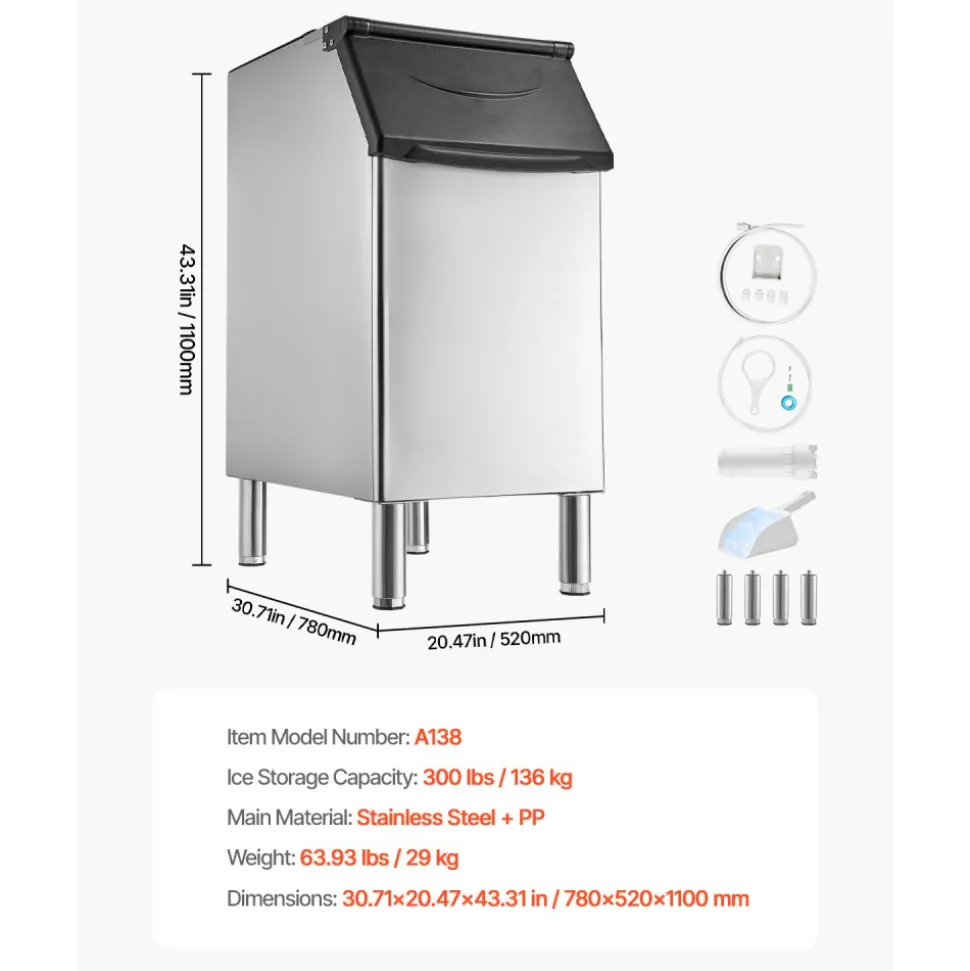 VEVOR Commercial Ice Maker Storage Bin, 300 LBS Capacity Ice-Bin, Stainless Steel Commercial Ice Storage Bin with Adjustable Anti-slip Rubber Feet, Suitable for Restaurant Hotel and Beverage Shops