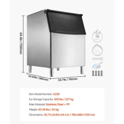 VEVOR Commercial Ice Maker Storage Bin, 500 LBS Capacity Ice-Bin, Stainless Steel Commercial Ice Storage Bin with Adjustable Anti-slip Rubber Feet, Suitable for Restaurant Hotel and Beverage Shops