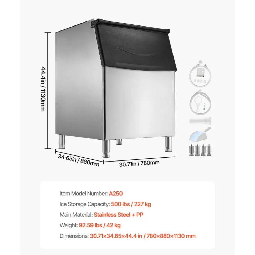 VEVOR Commercial Ice Maker Storage Bin, 500 LBS Capacity Ice-Bin, Stainless Steel Commercial Ice Storage Bin with Adjustable Anti-slip Rubber Feet, Suitable for Restaurant Hotel and Beverage Shops