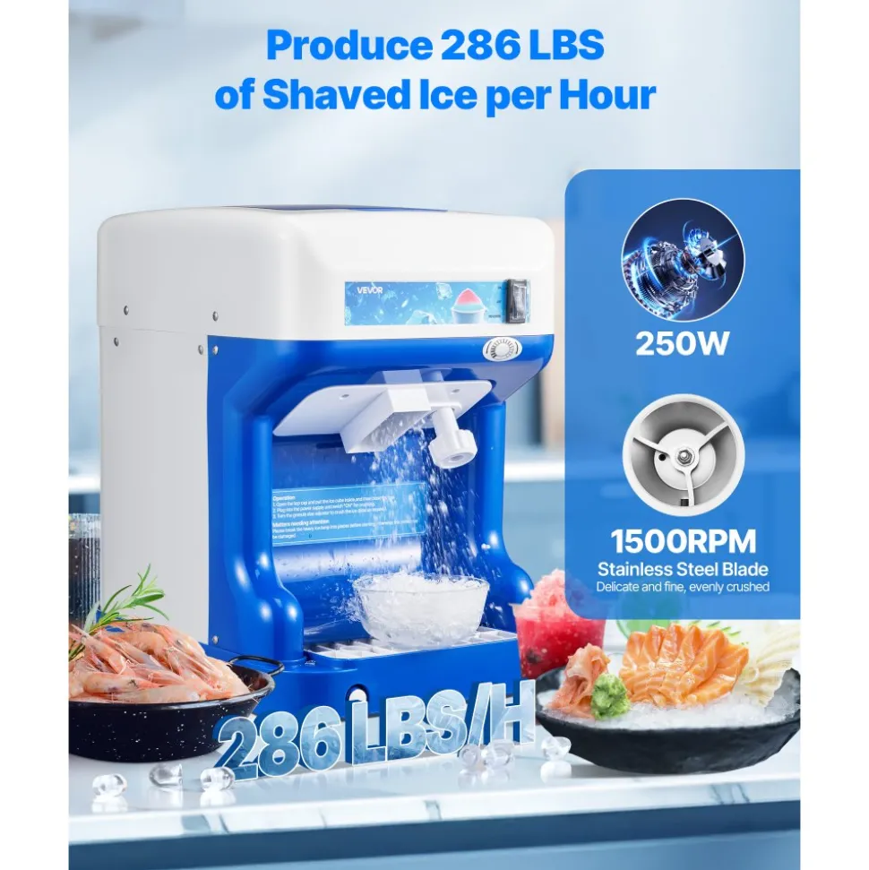 VEVOR Commercial Ice Shaver Crusher, 286lbs Per Hour Electric Snow Cone Maker with 2L Ice Cube Box, 250W 1500RPM Tabletop Shaved Ice Machine for Parties Events Snack Bar, Home and Commercial Use (Blue)
