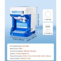 VEVOR Commercial Ice Shaver Crusher, 286lbs Per Hour Electric Snow Cone Maker with 2L Ice Cube Box, 250W 1500RPM Tabletop Shaved Ice Machine for Parties Events Snack Bar, Home and Commercial Use (Blue)