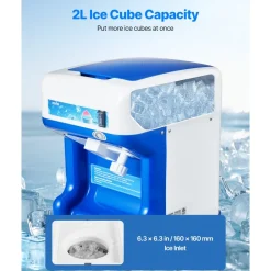 VEVOR Commercial Ice Shaver Crusher, 286lbs Per Hour Electric Snow Cone Maker with 2L Ice Cube Box, 250W 1500RPM Tabletop Shaved Ice Machine for Parties Events Snack Bar, Home and Commercial Use (Blue)