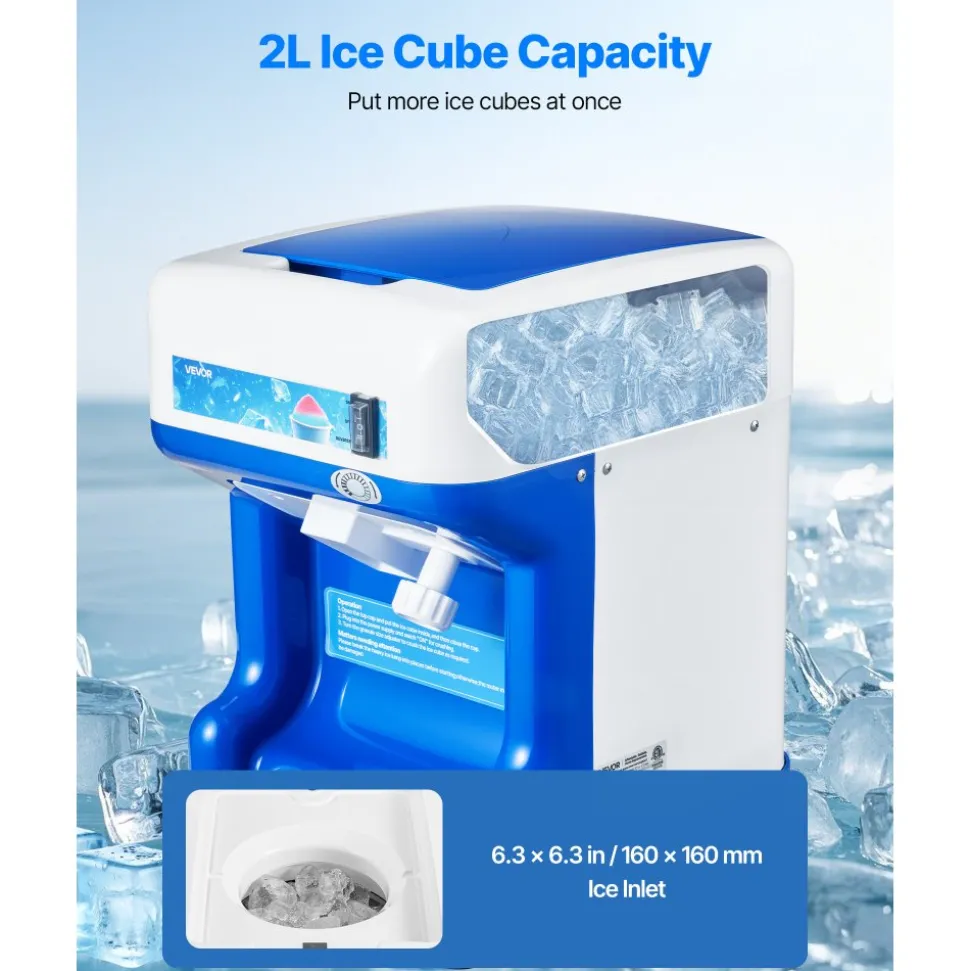 VEVOR Commercial Ice Shaver Crusher, 286lbs Per Hour Electric Snow Cone Maker with 2L Ice Cube Box, 250W 1500RPM Tabletop Shaved Ice Machine for Parties Events Snack Bar, Home and Commercial Use (Blue)