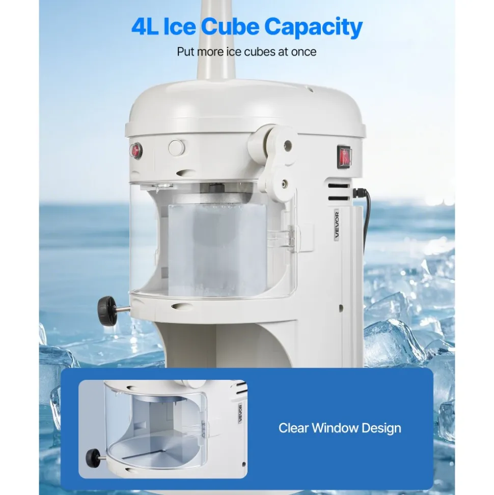 VEVOR Commercial Ice Shaver Crusher, 220lbs/hr Electric Fluffy Ice & Snow Cone Machine, 250W 1500RPM Tabletop Fluffy Shaved-Ice Machine for Parties Events Snack Bar, Home and Commercial Use (White)