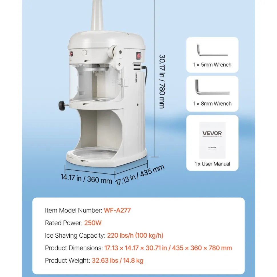 VEVOR Commercial Ice Shaver Crusher, 220lbs/hr Electric Fluffy Ice & Snow Cone Machine, 250W 1500RPM Tabletop Fluffy Shaved-Ice Machine for Parties Events Snack Bar, Home and Commercial Use (White)