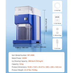 VEVOR Commercial Ice Shaver Machine, 1.91QT /1.8L Large Electric Snow Cone Machine, Fine & Fluffy with 300W Motor, Stainless Steel Blades, Shaved Ice Maker for Dessert Shop Home Party Restaurant, Blue