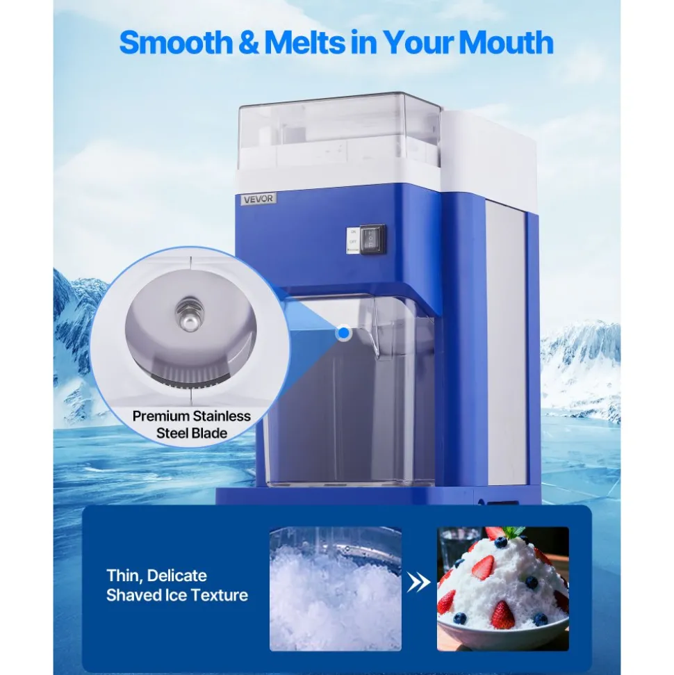 VEVOR Commercial Ice Shaver Machine, 1.91QT /1.8L Large Electric Snow Cone Machine, Fine & Fluffy with 300W Motor, Stainless Steel Blades, Shaved Ice Maker for Dessert Shop Home Party Restaurant, Blue