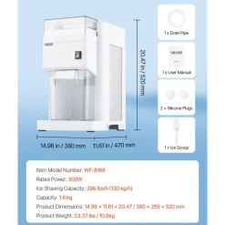 VEVOR Commercial Ice Shaver Machine, 1.91QT /1.8L Large Electric Ice Cube Crusher Shaved Maker with 300W Premium Motor, Stainless Steel Blades, for Bar Mixing Seafood Preservation Home Party, White