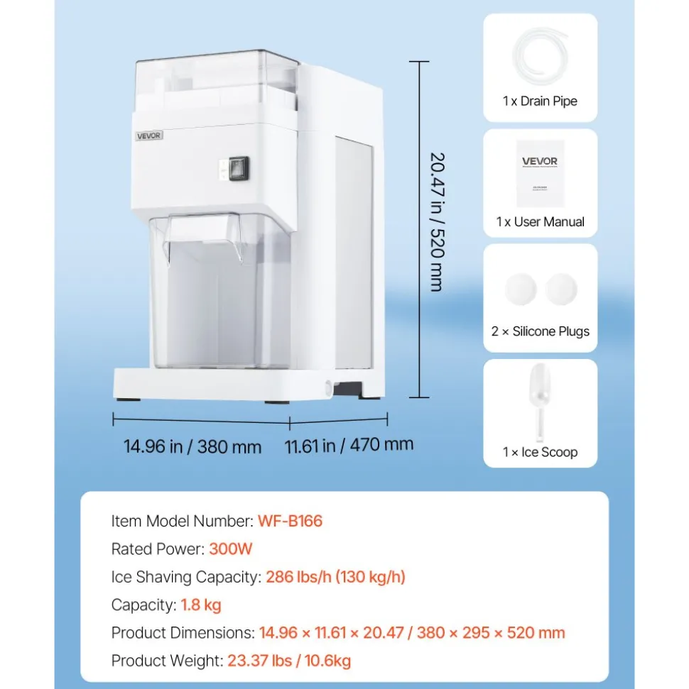 VEVOR Commercial Ice Shaver Machine, 661 LBS/H Electric Ice Crusher with Replaceable Container, 350W Premium Motor, 4 Blades, Shaved Snow Cone Machine Ice Maker for Dessert Shop Bar Party, Silver