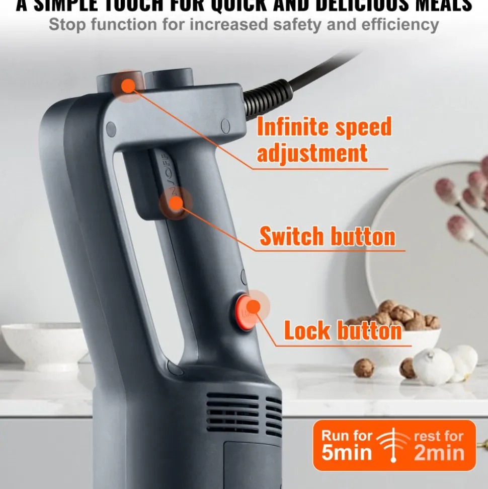 VEVOR Commercial Immersion Blender, 500 Watt Heavy Duty Hand Mixer, Variable Speed Kitchen Stick Mixer with 304 Stainless Steel Blade, Multi-Purpose Portable Mixer for Soup, Smoothie, Puree, Baby Food