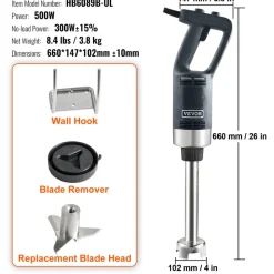 VEVOR Commercial Immersion Blender, 500 Watt Heavy Duty Hand Mixer, Variable Speed Kitchen Stick Mixer with 304 Stainless Steel Blade, Multi-Purpose Portable Mixer for Soup, Smoothie, Puree, Baby Food