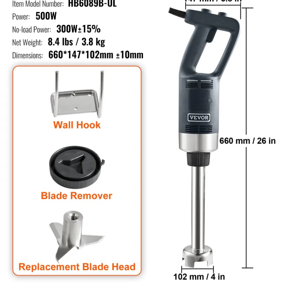VEVOR Commercial Immersion Blender, 500 Watt Heavy Duty Hand Mixer, Variable Speed Kitchen Stick Mixer with 304 Stainless Steel Blade, Multi-Purpose Portable Mixer for Soup, Smoothie, Puree, Baby Food