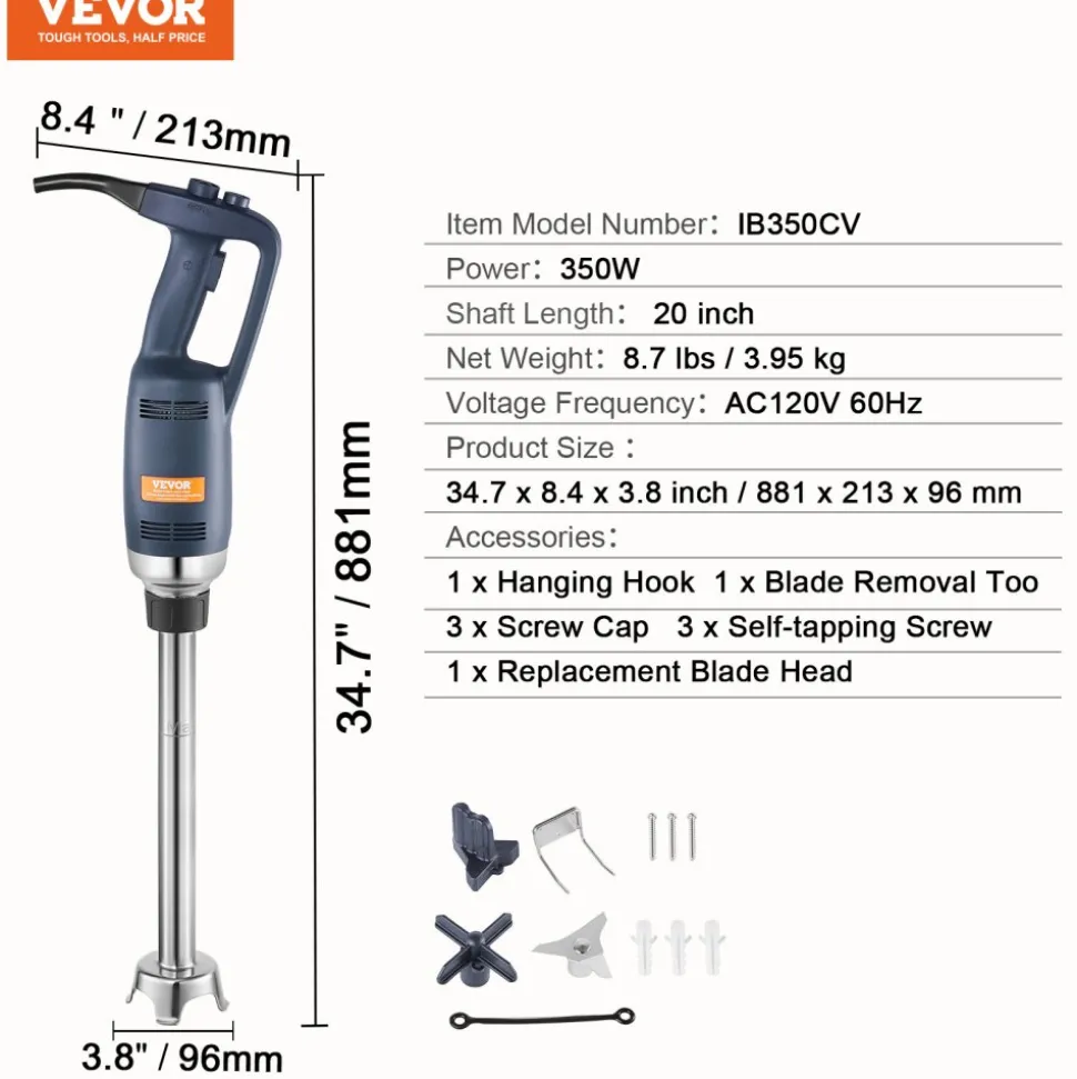 VEVOR Commercial Immersion Blender, 350W Heavy Duty Hand Mixer, 20 inch Stepless Variable Speed Mixer with Stainless Steel Blade, Multi-Purpose Portable Mixer for Soup, Sauces, Mashed Potatoes, Cream