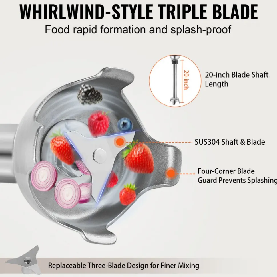 VEVOR Commercial Immersion Blender, 350W Heavy Duty Hand Mixer, 20 inch Stepless Variable Speed Mixer with Stainless Steel Blade, Multi-Purpose Portable Mixer for Soup, Sauces, Mashed Potatoes, Cream