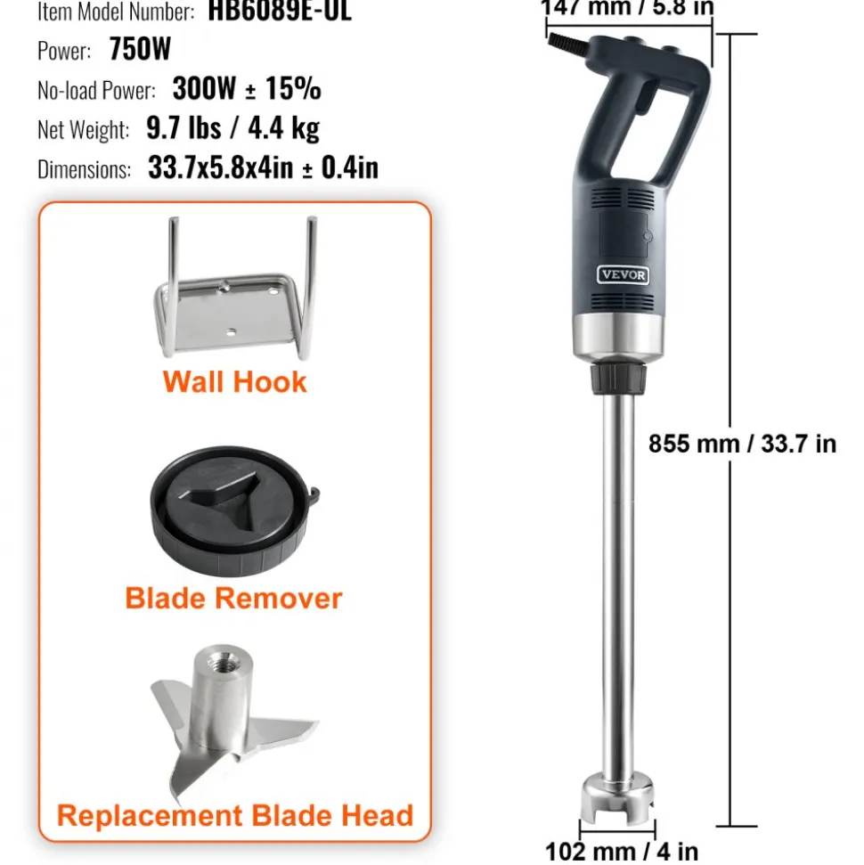 VEVOR Commercial Immersion Blender, 750W 20" Heavy Duty Hand Mixer, Variable Speed Kitchen Stick Mixer with 304 Stainless Steel Blade, Multi-Purpose Portable Mixer for Soup, Smoothie, Puree, Baby Food