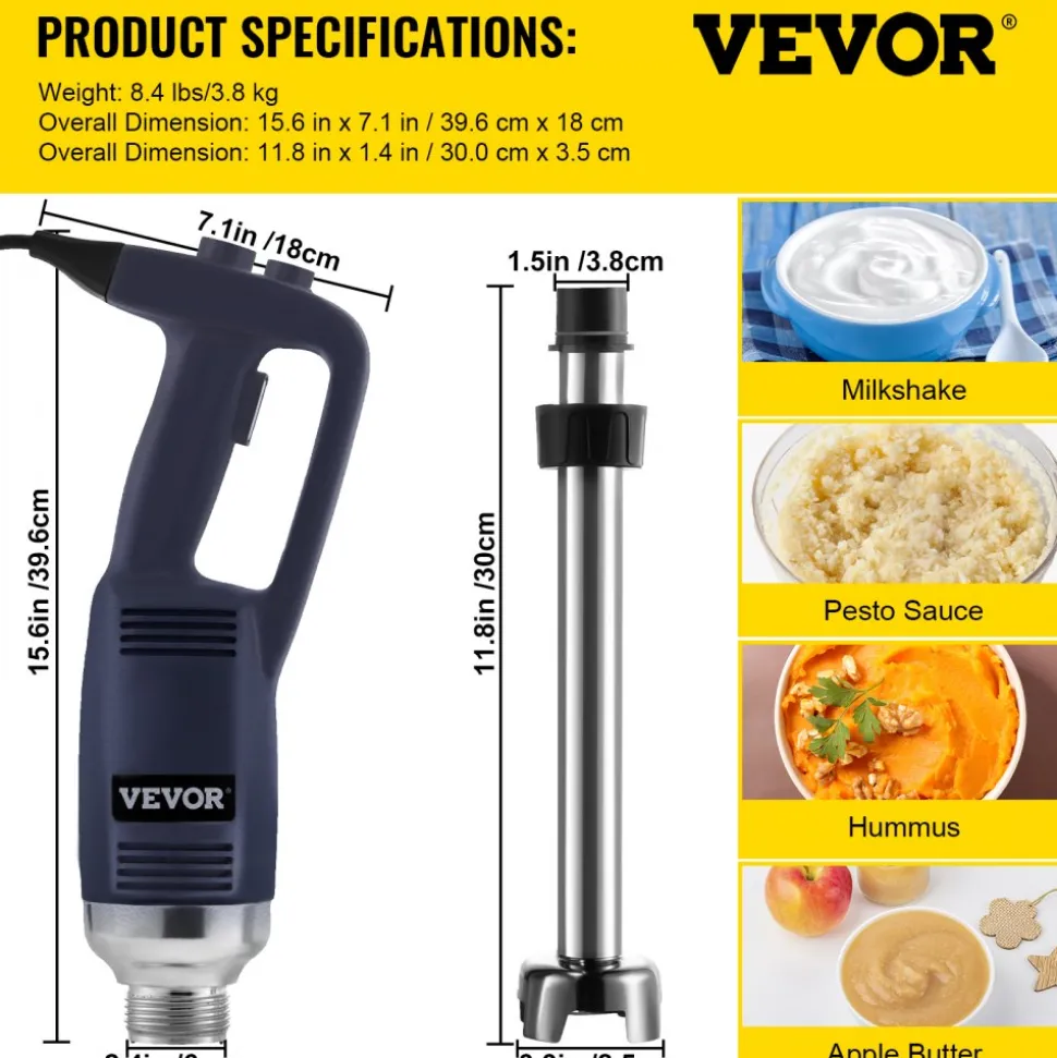 VEVOR Commercial Immersion Blender Variable Speed Heavy Duty Immersion Blender 750W Commercial Hand Mixer 304 Stainless Steel Hand Blender Commercial (11.8")