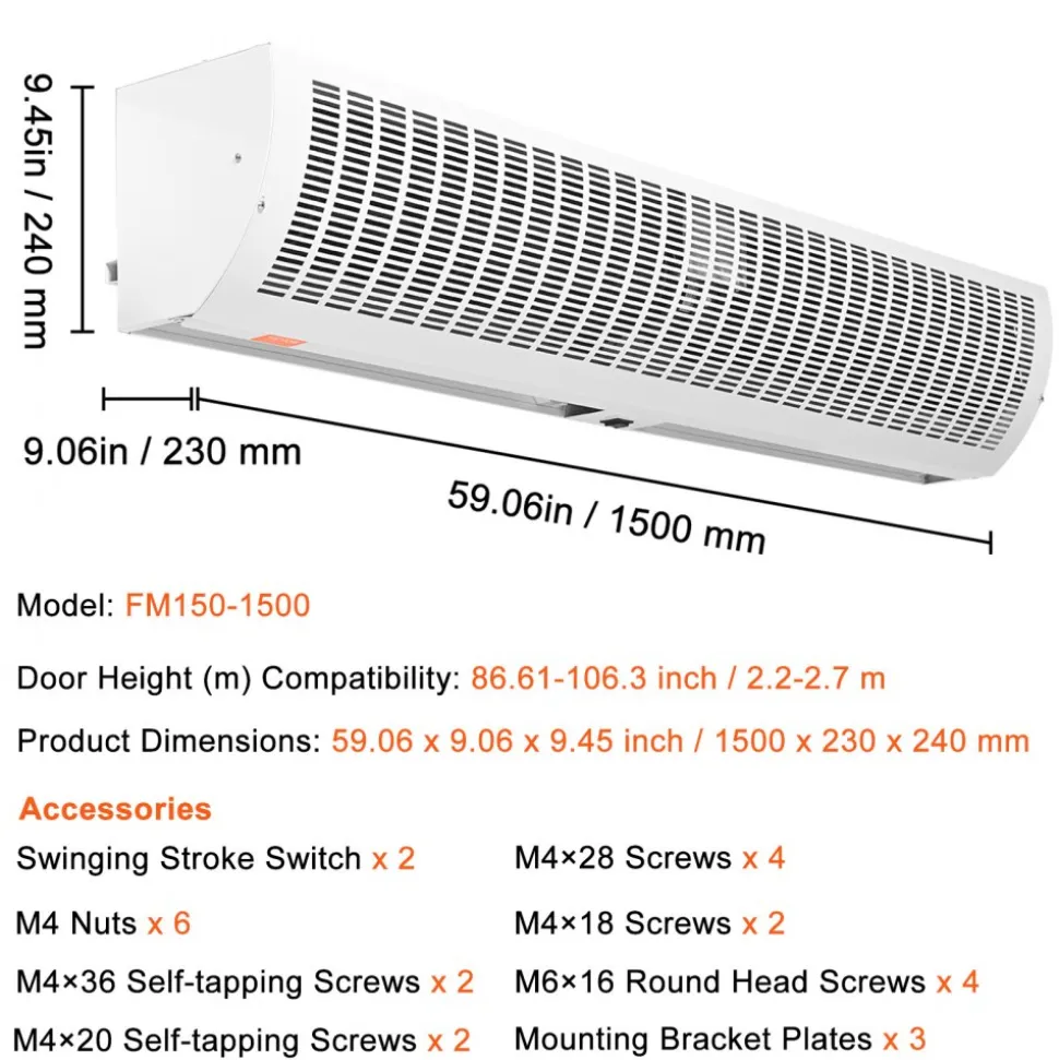VEVOR 60" Commercial Indoor Air Curtain Super Power 2 Speeds 2100CFM, Wall Mounted Air Curtains for Doors, Indoor Over Door Fan with Heavy Duty Limit Switch, Easy-Install 110V Unheated