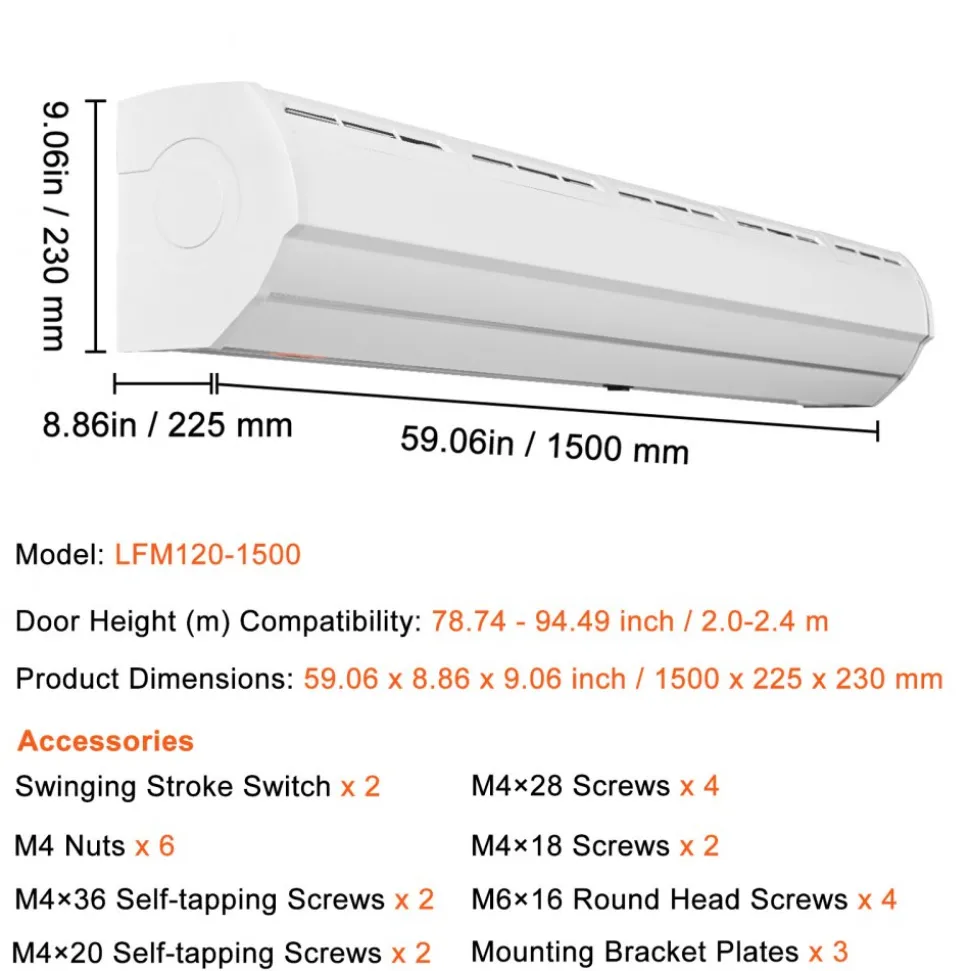 VEVOR 60" Commercial Indoor Air Curtain Super Power 2 Speeds 1500CFM, Wall Mounted Air Curtains for Doors, Indoor Over Door Fan with Heavy Duty Limit Switch, Easy-Install 110V Unheated