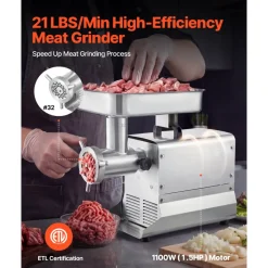VEVOR Commercial Meat Grinder, 21 Lbs/Min Capacity, #32 Electric Meat Mincer with 3 Plates, 3 Sausage Stuff Tubes, 1100W/1.5HP Stainless Steel Sausage Maker for Home Kitchens & Restaurants, ETL Listed
