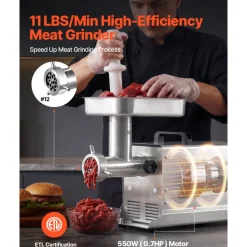 VEVOR Commercial Meat Grinder, 11 Lbs/Min Capacity, #12 Electric Meat Mincer with 3 Plates, 3 Sausage Stuffing Tubes, 550W/0.7HP Stainless Steel Sausage Maker for Home Kitchen & Restaurant, ETL Listed