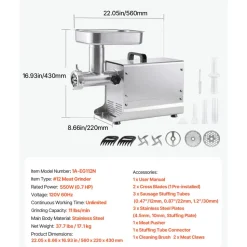 VEVOR Commercial Meat Grinder, 11 Lbs/Min Capacity, #12 Electric Meat Mincer with 3 Plates, 3 Sausage Stuffing Tubes, 550W/0.7HP Stainless Steel Sausage Maker for Home Kitchen & Restaurant, ETL Listed
