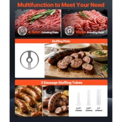 VEVOR Commercial Meat Grinder, 13 Lbs/Min Capacity, #22 Electric Meat Mincer with 3 Plates, 3 Sausage Stuffing Tubes, 750W/1HP Stainless Steel Sausage Maker for Home Kitchen & Restaurants, ETL Listed