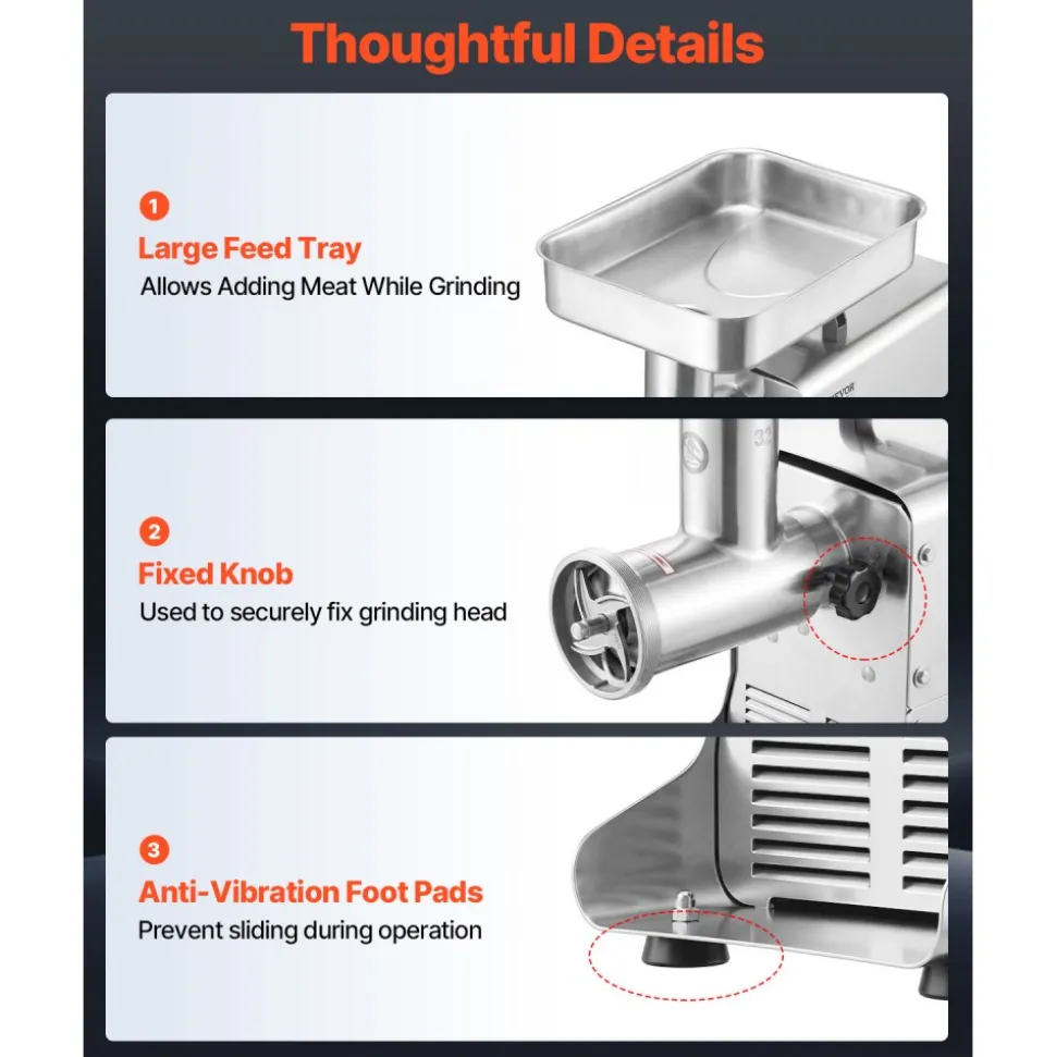VEVOR Commercial Meat Grinder, 13 Lbs/Min Capacity, #22 Electric Meat Mincer with 3 Plates, 3 Sausage Stuffing Tubes, 750W/1HP Stainless Steel Sausage Maker for Home Kitchen & Restaurants, ETL Listed