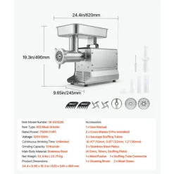 VEVOR Commercial Meat Grinder, 13 Lbs/Min Capacity, #22 Electric Meat Mincer with 3 Plates, 3 Sausage Stuffing Tubes, 750W/1HP Stainless Steel Sausage Maker for Home Kitchen & Restaurants, ETL Listed