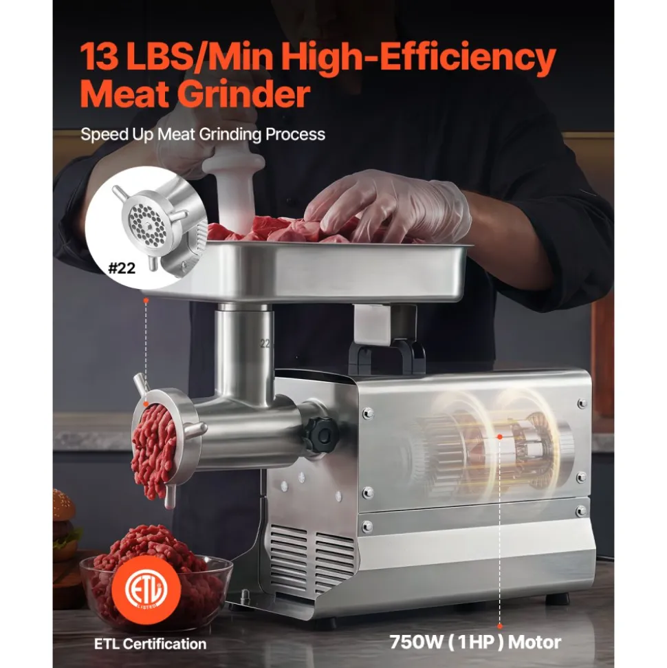VEVOR Commercial Meat Grinder, 13 Lbs/Min Capacity, #22 Electric Meat Mincer with 3 Plates, 3 Sausage Stuffing Tubes, 750W/1HP Stainless Steel Sausage Maker for Home Kitchen & Restaurants, ETL Listed