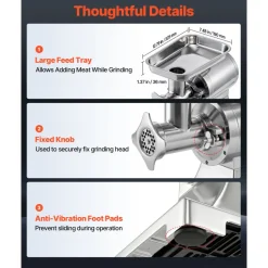 VEVOR Commercial Meat Grinder, 21 Lbs/Min Capacity, #32 Electric Meat Mincer with 3 Plates, 3 Sausage Stuff Tubes, 1100W/1.5HP Stainless Steel Sausage Maker for Home Kitchens & Restaurants, ETL Listed