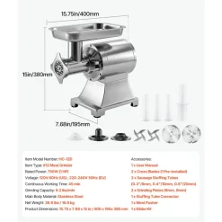 VEVOR Commercial Meat Grinder, 21 Lbs/Min Capacity, #32 Electric Meat Mincer with 3 Plates, 3 Sausage Stuff Tubes, 1100W/1.5HP Stainless Steel Sausage Maker for Home Kitchens & Restaurants, ETL Listed