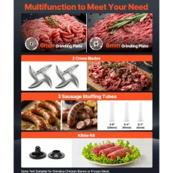 VEVOR Commercial Meat Grinder, 21 Lbs/Min Capacity, #32 Electric Meat Mincer with 3 Plates, 3 Sausage Stuff Tubes, 1100W/1.5HP Stainless Steel Sausage Maker for Home Kitchens & Restaurants, ETL Listed