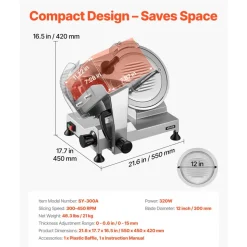 VEVOR Commercial Meat Slicer, 320W Electric Deli Food Slicer with 12" Carbon Steel Blade, Built-In Sharpener & 0-0.6" Adjustable Thickness for Frozen Meat, Ham, Baguett, Steak, UL Approved