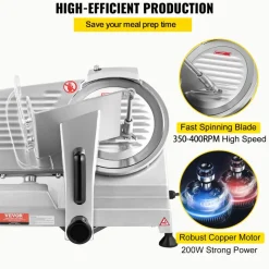 VEVOR Commercial Meat Slicer, 200W Electric Deli Food Slicer, 350-400RPM Meat Slicer with 8" Carbon Steel Blade, 0 - 0.47 inch Adjustable Thickness Electric Meat Slicer for Home and Commercial Use