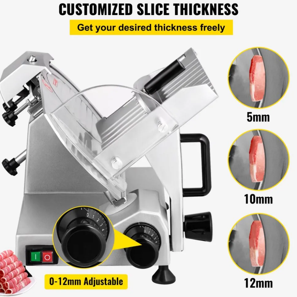 VEVOR Commercial Meat Slicer, 200W Electric Deli Food Slicer, 350-400RPM Meat Slicer with 8" Carbon Steel Blade, 0 - 0.47 inch Adjustable Thickness Electric Meat Slicer for Home and Commercial Use