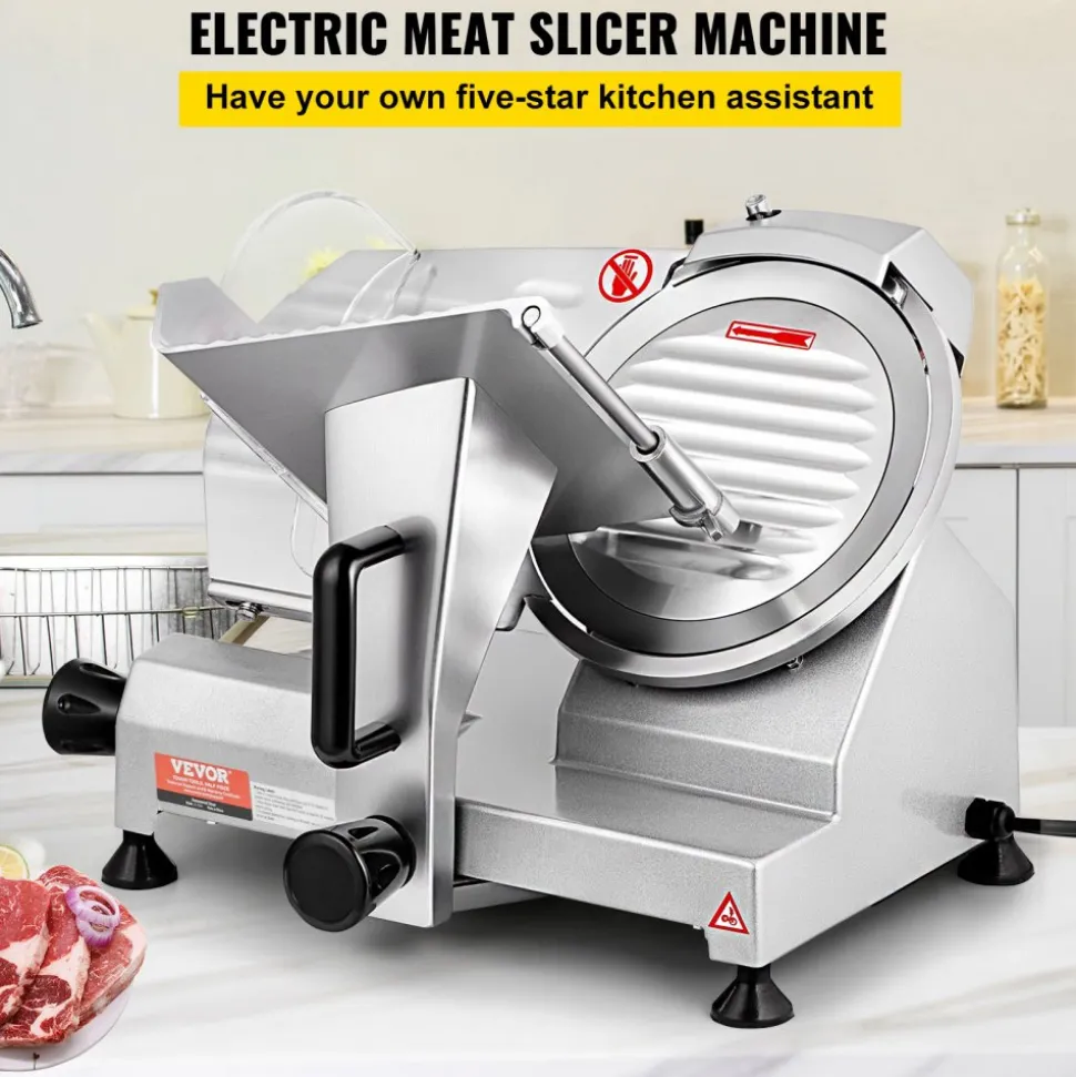 VEVOR Commercial Meat Slicer, 200W Electric Deli Food Slicer, 350-400RPM Meat Slicer with 8" Carbon Steel Blade, 0 - 0.47 inch Adjustable Thickness Electric Meat Slicer for Home and Commercial Use