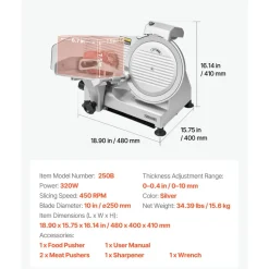 VEVOR Commercial Meat Slicer, 10 inch Electric Deli Slicer Machine, 320W Food-Slicer with SUS420 Blade, 0-0.4 inch Adjustable Thickness, for Frozen Meat, Ham, Baguett, Steak