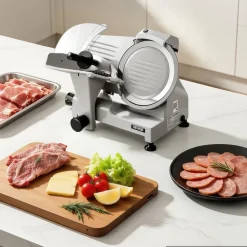 VEVOR Commercial Meat Slicer 300W Electric Cutter 8.7" Carbon Steel Blade, Food Slicer Machine with Removable Blade and Food Tray, 0-0.5" Adjustable Thickness ,for Frozen Meat, Ham, Baguett, Steak