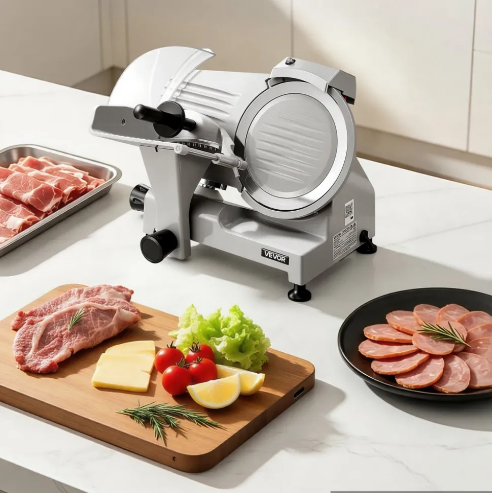 VEVOR Commercial Meat Slicer 300W Electric Cutter 8.7" Carbon Steel Blade, Food Slicer Machine with Removable Blade and Food Tray, 0-0.5" Adjustable Thickness ,for Frozen Meat, Ham, Baguett, Steak