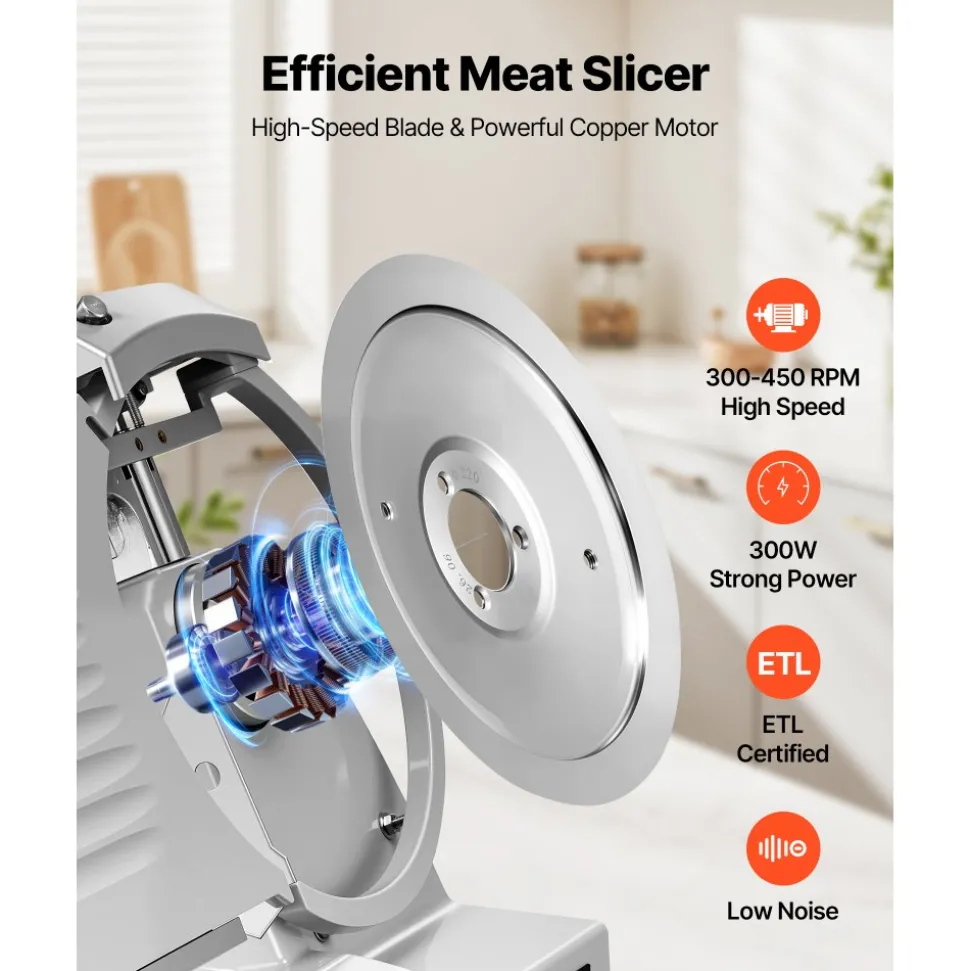VEVOR Commercial Meat Slicer 300W Electric Cutter 8.7" Carbon Steel Blade, Food Slicer Machine with Removable Blade and Food Tray, 0-0.5" Adjustable Thickness ,for Frozen Meat, Ham, Baguett, Steak