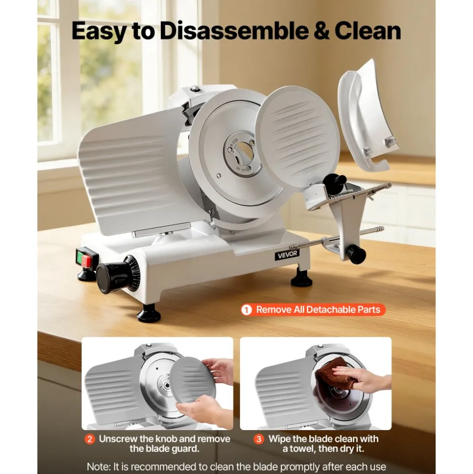 VEVOR Commercial Meat Slicer 300W Electric Cutter 8.7" Carbon Steel Blade, Food Slicer Machine with Removable Blade and Food Tray, 0-0.5" Adjustable Thickness ,for Frozen Meat, Ham, Baguett, Steak