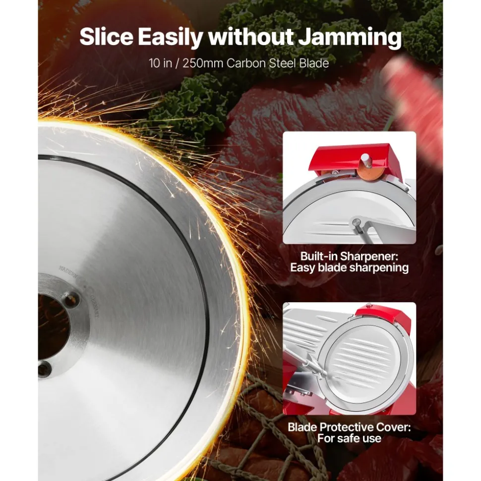 VEVOR Commercial Meat Slicer 340W Electric Deli Food Slicer 10 inch Blade, 350-400RPM Electric Food Slicer, Carbon Steel Blade Meat Slicer, 0-0.47 inch Adjustable Thickness for Commercial and Home Use