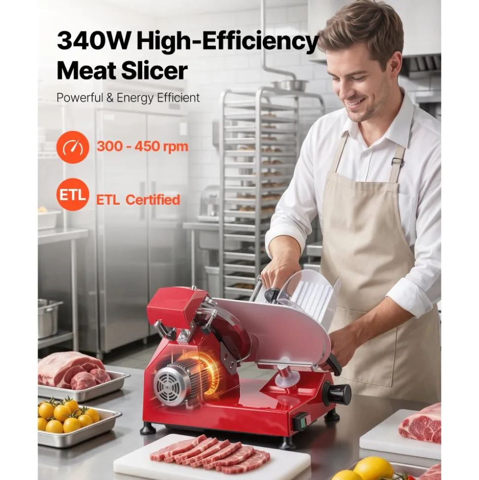 VEVOR Commercial Meat Slicer 340W Electric Deli Food Slicer 10 inch Blade, 350-400RPM Electric Food Slicer, Carbon Steel Blade Meat Slicer, 0-0.47 inch Adjustable Thickness for Commercial and Home Use