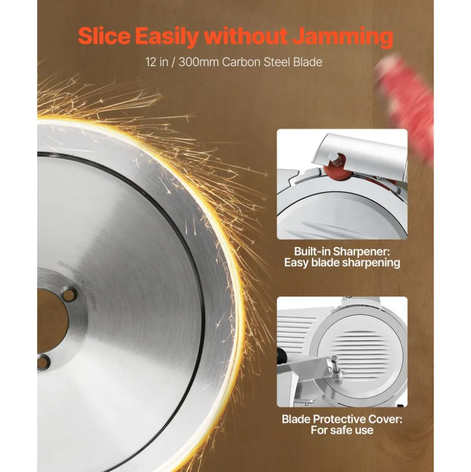 VEVOR Commercial Meat Slicer, 400W Electric Cutter, Removable 12" Carbon Steel Blade and Food Tray, 0-0.59" Adjustable Thickness Food Slicer Machine, for Frozen Meat, Ham, Baguett, Steak, ETL Approved