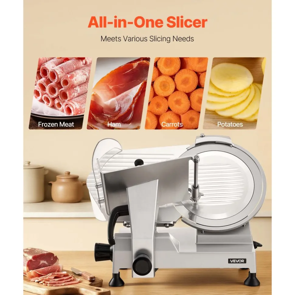 VEVOR Commercial Meat Slicer, 400W Electric Cutter, Removable 12" Carbon Steel Blade and Food Tray, 0-0.59" Adjustable Thickness Food Slicer Machine, for Frozen Meat, Ham, Baguett, Steak, ETL Approved