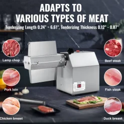 VEVOR Commercial Meat Tenderizer, Heavy Duty 304 Stainless Steel Kitchen Tool with Meat Tong, Cleaning Brush, and Tray, 750W Electric Meat Tenderizer Machine for Beef, Turkey, Chicken, Pork, and Fish