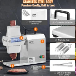 VEVOR Commercial Meat Tenderizer, Heavy Duty Stainless Steel Kitchen Tool with Handle, Meat Tong, and Cleaning Brush, 450W Electric Meat Tenderizer Machine for Beef, Turkey, Chicken, Pork, and Fish